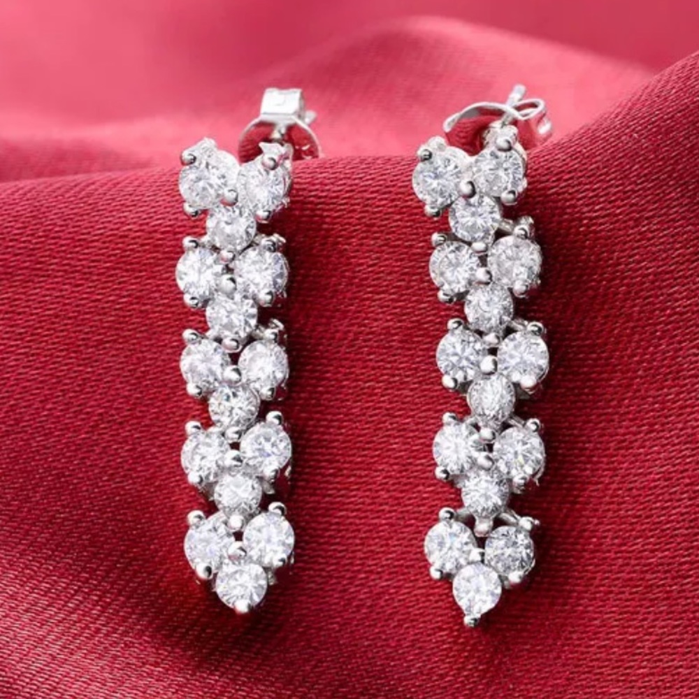 NEW 925 STERLING SILVER DIAMOND LONG HOOP EARRINGS - Picture 4 of 5